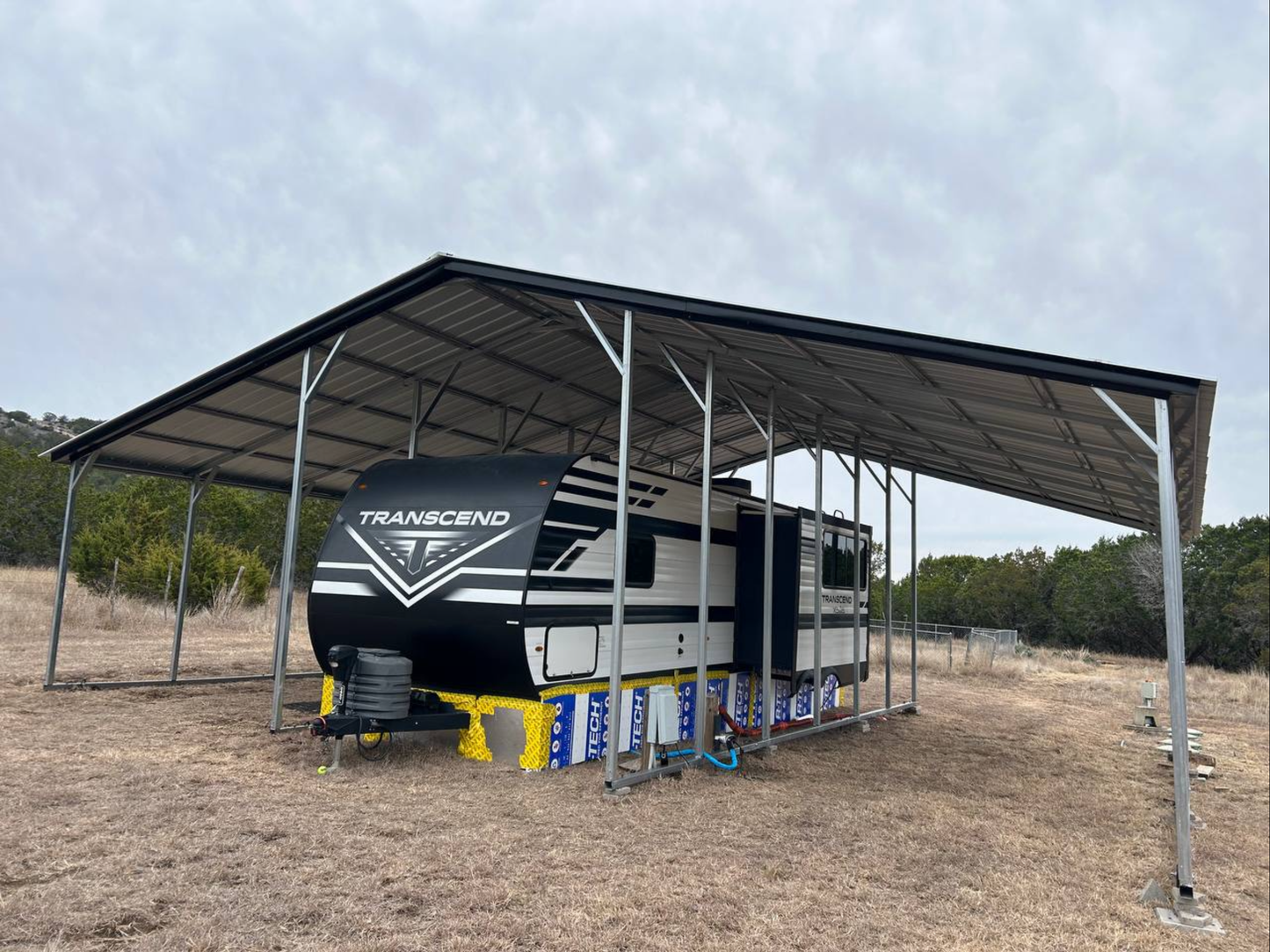 36’x30’x12’/9’ RV Cover With Lean-Tos - Vertical A Frame Roof